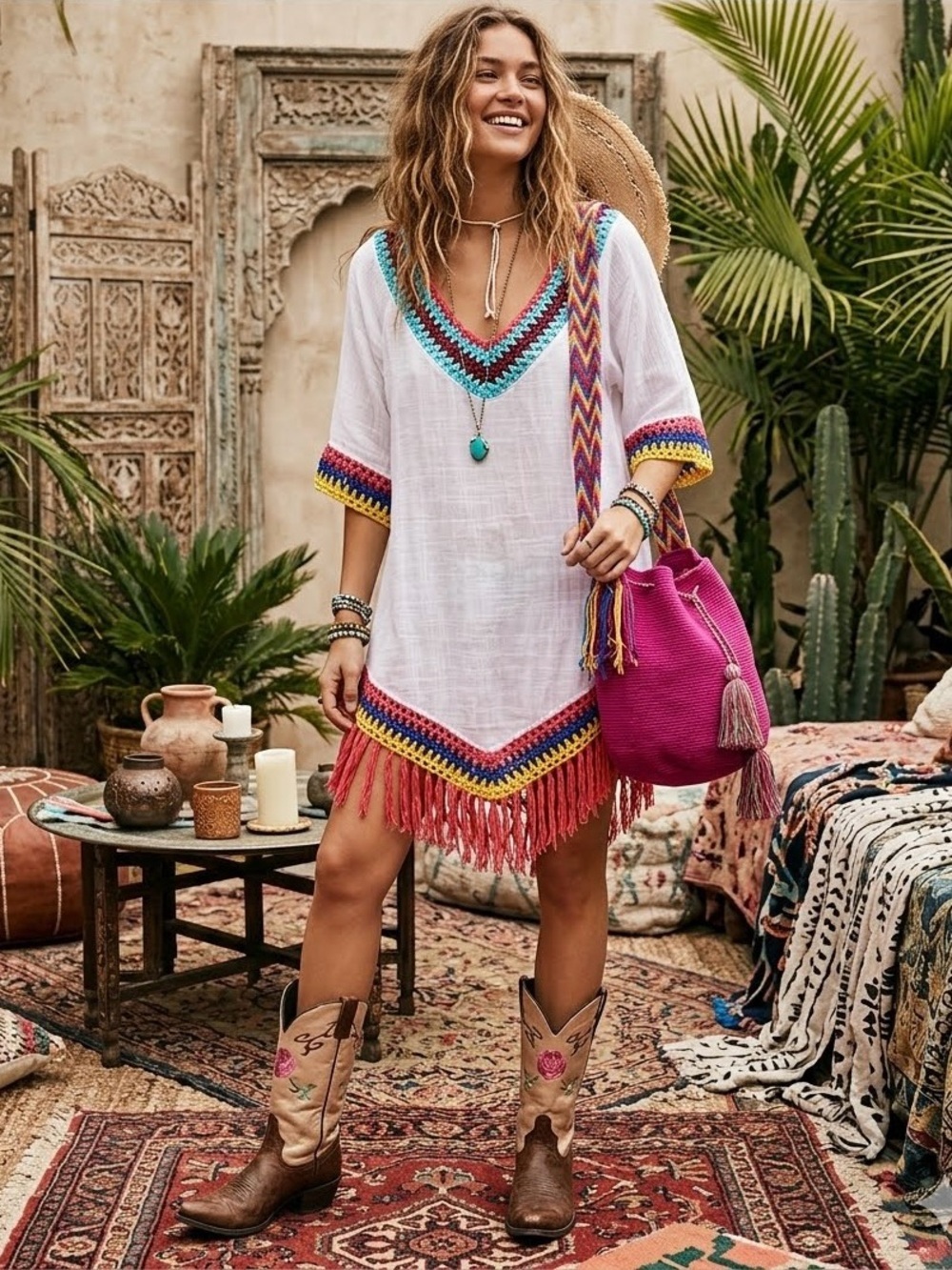 Granny fringe crochet boho tunic dress cover up w hippy Gypsy beach vibe